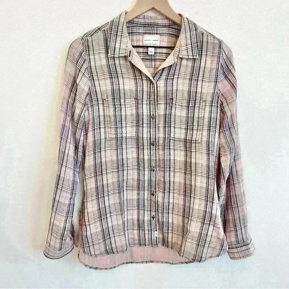 Melrose and Market Women’s Long Sleeve Plaid Pink Shirt Size Small